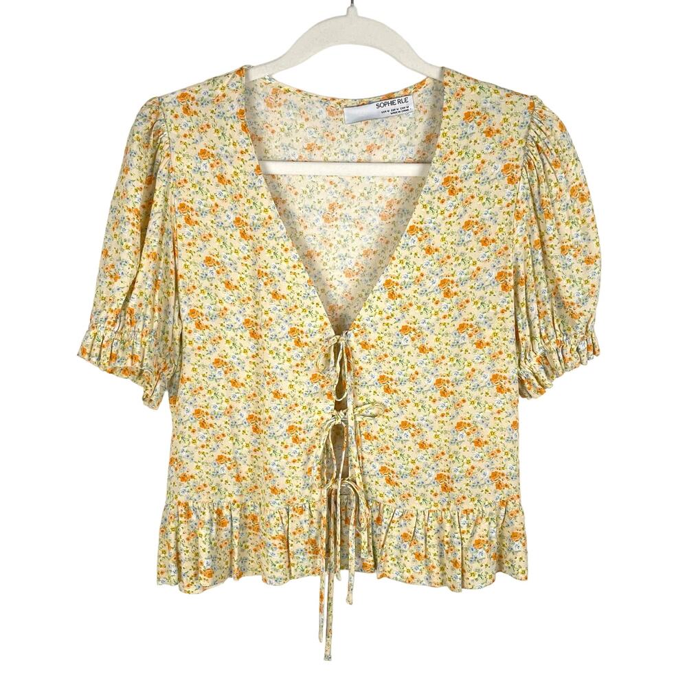Sophie Rue Short Puff Sleeve Tie Front Top In Yellow Floral Size M NWOT Cottage